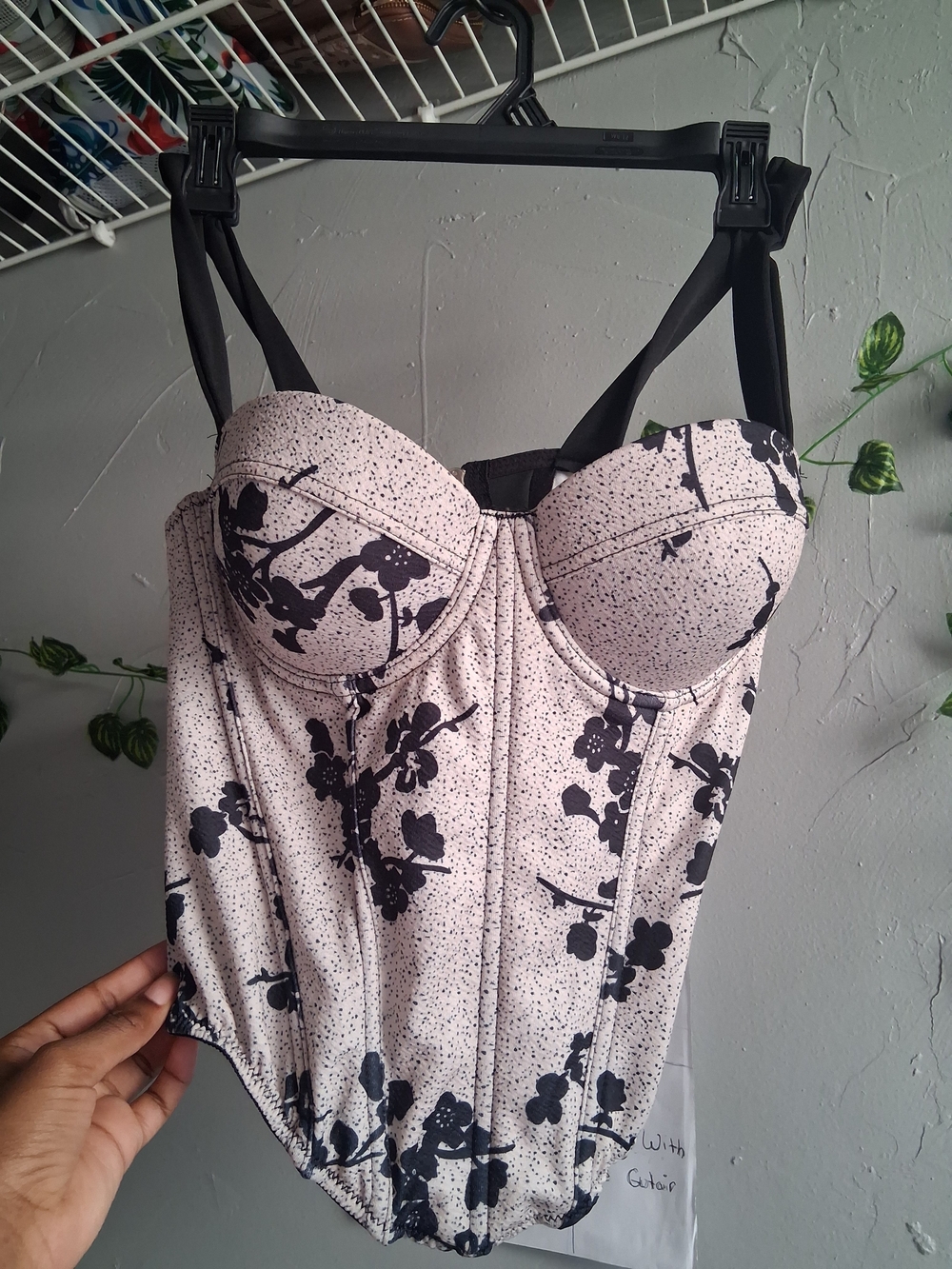 Women’s Floral Bustier Bodysuit - Black on Light Pink
